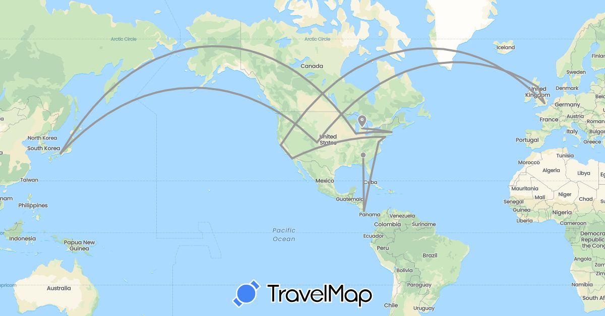 TravelMap itinerary: plane in Costa Rica, United Kingdom, Japan, United States (Asia, Europe, North America)